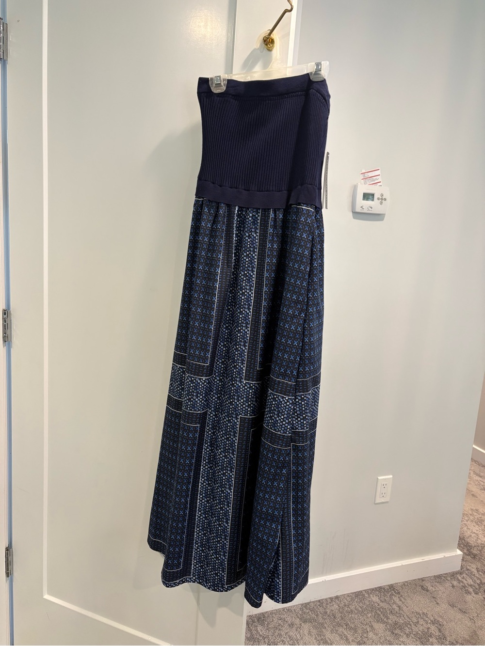 Central Park West Navy and Light Blue Maxi Dress with Ribbed Bodice